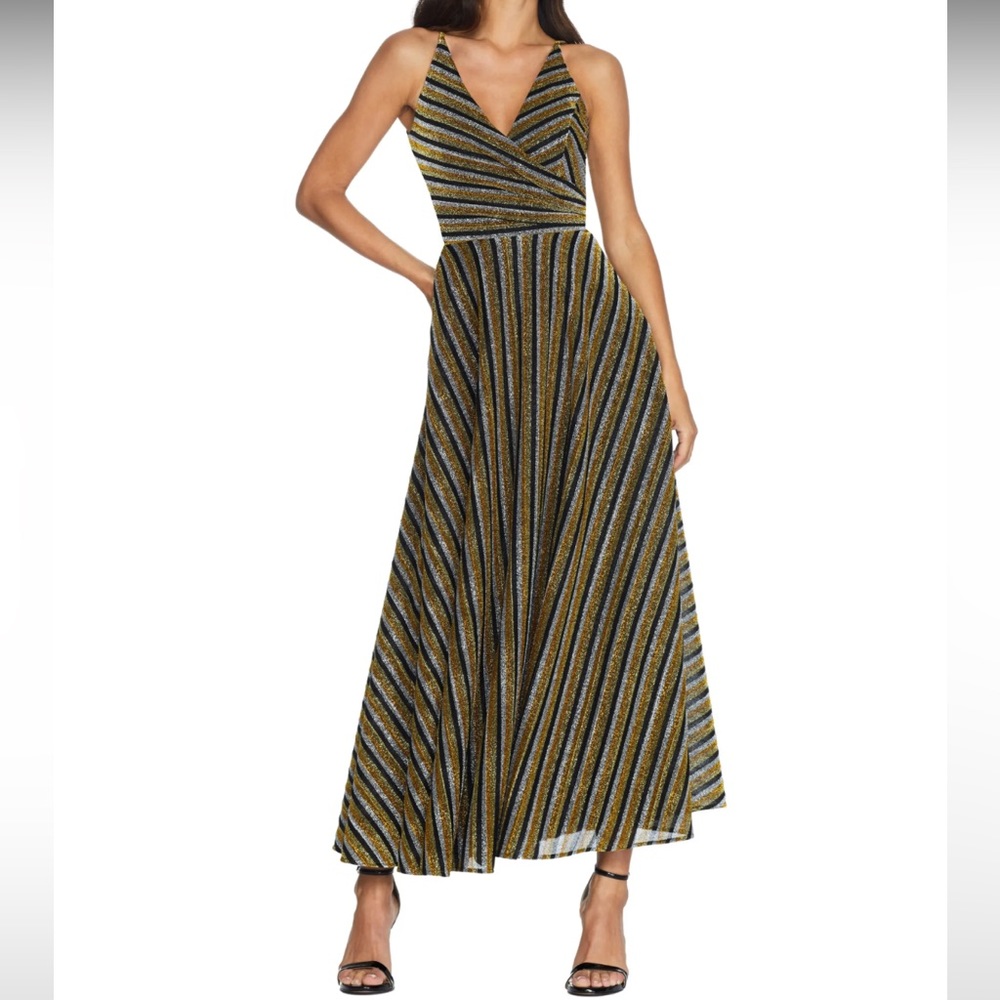 Dress the Population Lena Glitter Stripe Surplice Neck Maxi Dress Gold Metallic